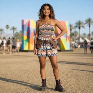 Wet Seal Y2K Strapless Romper Small Graphic Smocked Boho Festival Indie Sleaze